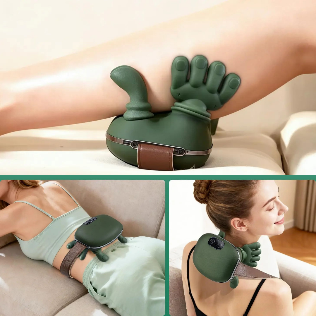 Woman using portable neck massager on sofa for legs and back relief
