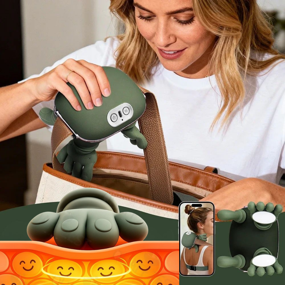 Compact cordless shoulder massager fitting into travel bag
