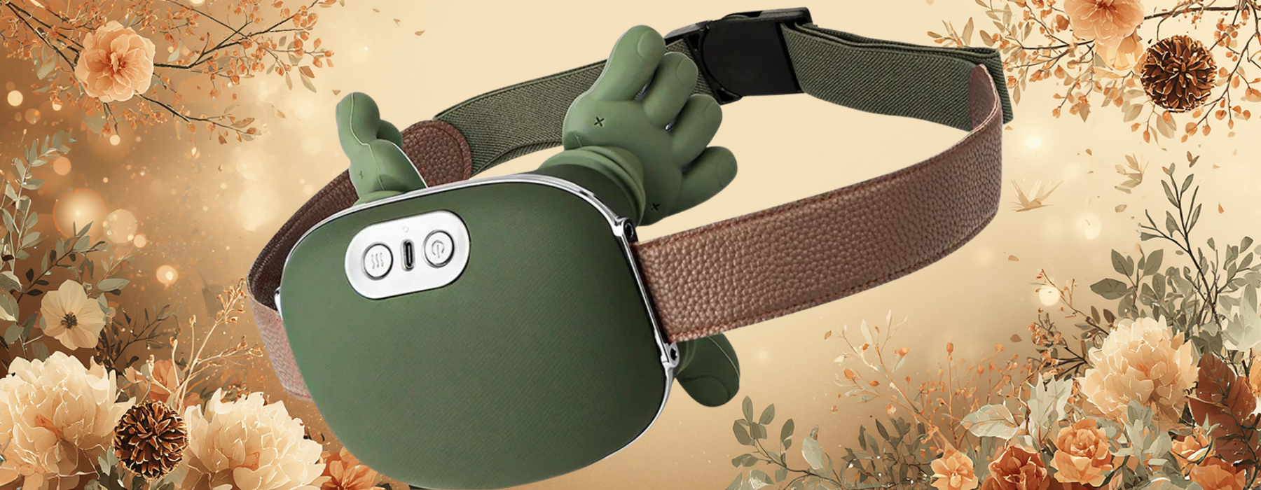 Green neck and shoulder massager with hand-shaped design and adjustable strap
